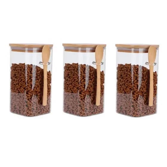 3 Potes Vidro Borossilicato [Quadrado]Tamanho 8 x 15cm  650 ml Com Tampa e Colher de Bambu
