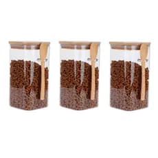 3 Potes Vidro Borossilicato [Quadrado]Tamanho 8 x 15cm  650 ml Com Tampa e Colher de Bambu