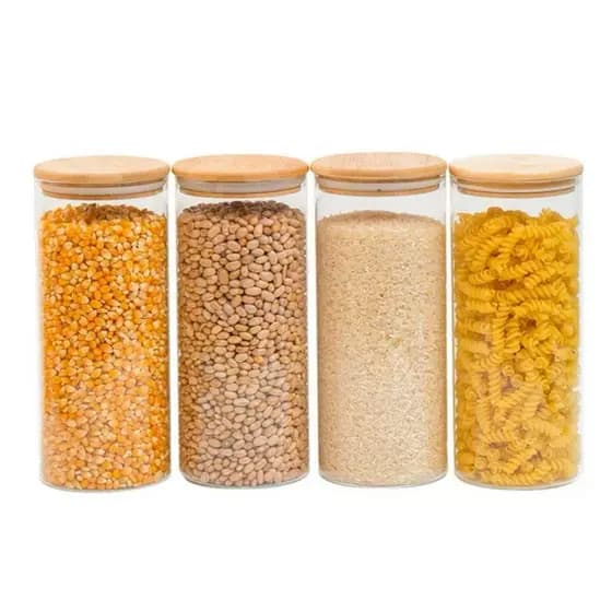 Kit 4 potes de vidro redondo com tampa de bambu herméticos para mantimentos 300ml