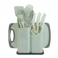 Kit Jogo Utensílios de Cozinha Luxo 19 Peças Pequeno Com Tábua em Silicone Pequeno