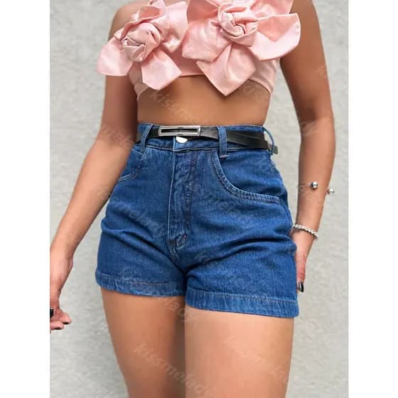 kissmelady 912 com cinto preto short jeans feminina com rascada Shorts jeans feminino  lisa sem rascada juvenil natural