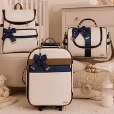 Kit Bolsa Maternidade Menino Luxo Paris Champanhe/Cacau/Marinho - 03 Peças