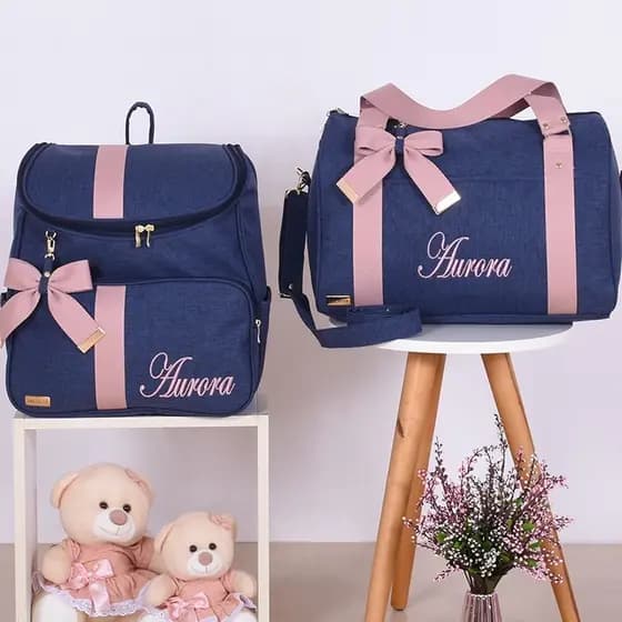 Kit Bolsa Maternidade Menina/Menino Linho Marinho - 02 Peças