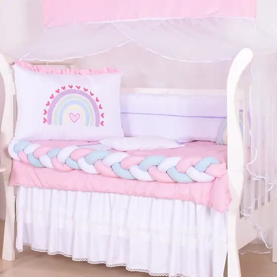 Kit Berço Menina Trança Arco Íris Branco/Rosa + Almofada arco íris - 09 Peças