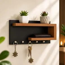 Porta Chaves de Parede com Prateleiras para Decoração Preto e Freijó