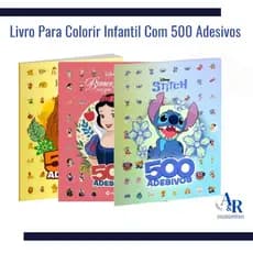 Livro Para Colorir Infantil 500 Adesivos Stitch Rei Leão Branca de Neve Com 36 Paginas