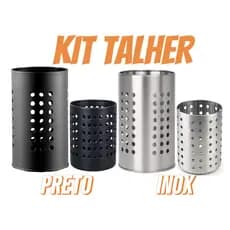 Escorredor de Talheres Inox Preto e Prata Redondo Clink Porta Talheres Kit Grande e Pequeno