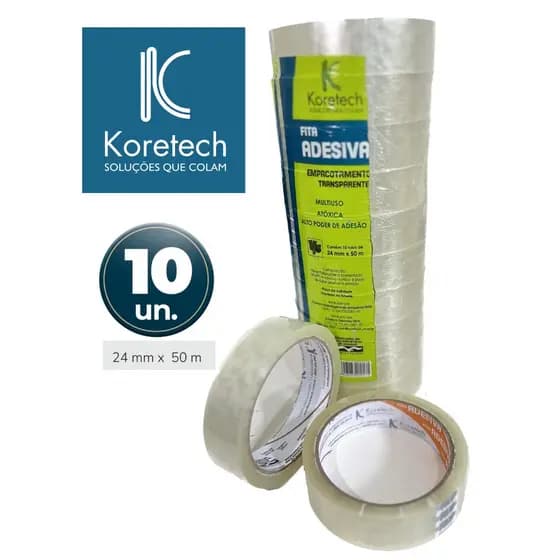 10 Rolos Fita Adesiva 24mm x 50m Transparente KoreTech Alta Aderência Economica