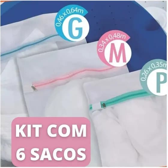 Kit 6 Sacos Com Ziper Lavar Roupa Delicada Sacos Lavanderia Viagem 3 Tamanhos