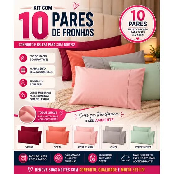 Kit 10 PARES De Fronhas 400 fios Ponto Palito Cores Lisas