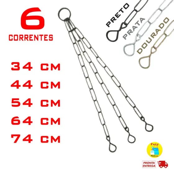 Kit 6 Corrente de pendurar vasos metal prato gancho 34 44 54 64 74 cm