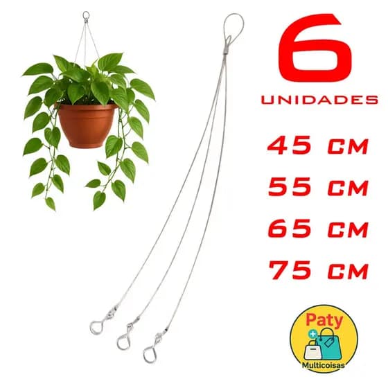 Kit 1 a 6 Cabo de aço corrente pendurar vasos para plantas revestido 3 gancho suporte