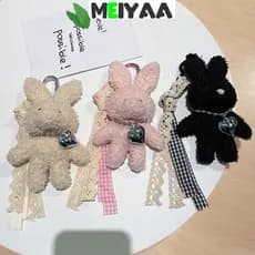 MEIYAA Pingente De Saco De Pelúcia , Fita De Arco Prata Coração Chaveiro De Coelho Charme De Boneca Desenho Animado Maci