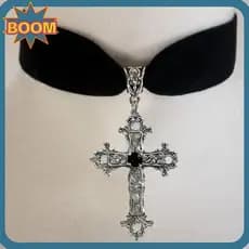 Colar Gargantilha BOOM , De Veludo Preto Punk Com Pingente De Cruz , De Contas Cruzadas Estilo Gótico Aparência Grunge