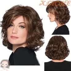 XIAOHE Peruca Curta Marrom Ondulada Fibra Resistente Ao Calor Falso Moda Diária Macio Grosso Suave Mulheres Bob Cabelo
