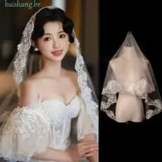 Véu De Noiva BAISHANG , Véus De Casamento Com Flores De Renda De Camada Única , Gaze De Cabeça De Tule Macio Branco Long