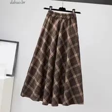 DAHUO Saia Longa De Cintura Alta , Inverno Autumu Xadrez Retrô , Estilo Formal Meio Vestido Evasê