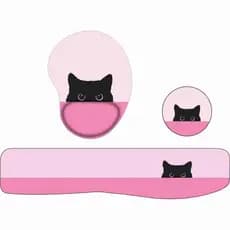 Kit Mouse Pad + Apoio de Teclado Gatinho escondido rosa + porta copos