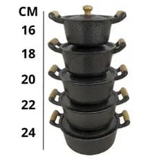 Jogo De Panela Cacarola Aluminio Batido Grosso - 5 pecas 16 ao 24 cm Preto Craqueado Premium