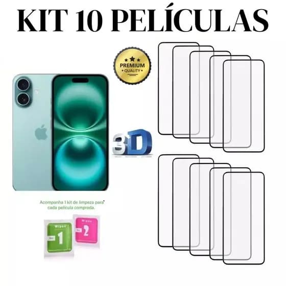 Kit 10 Película de Vidro Temperado 3D Pelicula para iPhone 11 12 13 14 15 16 17 Air Pro Max Plus