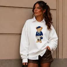 Moletom Estampado Ursinho Minimalista Casaco Feminino Tendência Inverno Blusa de Frio Quentinha