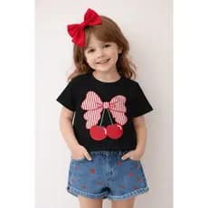 Camiseta Infantil Menina Blusinha Estampada Cereja Laço Modinha Blusa Luxo 100% Algodão Manga Curta