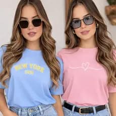 Kit 2 Camisetas Feminina New York Coração Blusa Feminina Estampa 100% Algodão Tendência Camisa