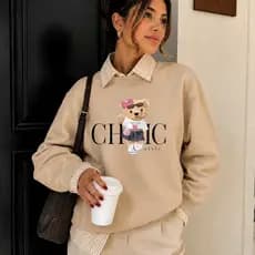 Moletom Feminino Flanelado Blusa de Frio Gola Redonda Ursinho Estiloso Casaco Quentinho Suéter