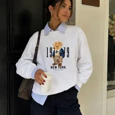 Moletom Suéter Feminino Flanelado Blusa de Frio Gola Redonda Ursinho Estiloso Casaco Quentinho Moda