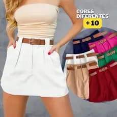 Short Saia Alfaiataria Feminino Com Cinto Cintura Alta e Bolsos
