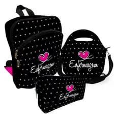 Kit Escolar com Mochila + Bolsa Lancheira + Necessaire Estojo Plus - Enfermagem Poá Preto