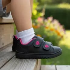 Tênis Infantil Feminino Preto Pink Love Costurado Menina Confortável Leve Escolar
