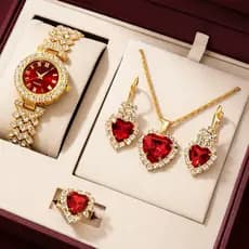 Conjunto Feminino Luxo: Relógio Dourado + Joias Coração Vermelho Presente Festa Casamento Namorados