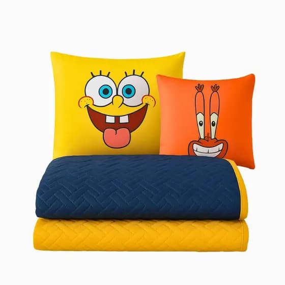 Kit Colcha Cobre Leito Jogo Roupa Cama Edredom Fronha 5 Pçs Solteiro Matelado Bob A Esponja Marinho