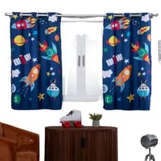 Cortina Sala Quarto Infantil Pequena Criança Decoração 2,00x1,40 Menino Astronauta Foguete Marinho
