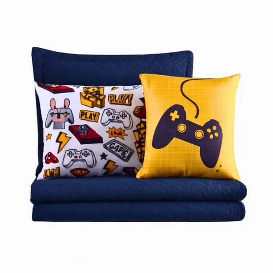 Colcha Cobre Leito Jogo Roupa Cama Solteiro 5 Pçs Fronha Matelado Quarto Menino Video Game Barato