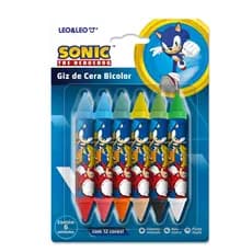 Giz de Cera Sonic  Bicolor 12 Cores Ponta Dupla Escolar