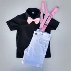 Conjunto Infantil Liso Mundo Bita Natal Menino Roupa Temático Camisa Manga Curta Bermuda Suspensório Gravata Borboleta