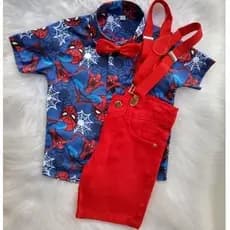 Conjunto temático homem aranha completo camisa short suspensório e gravata - roupa personagem menino festa