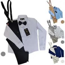 Conjunto batizado menino roupa social infantil camisa manga longa calça sarja suspensório gravata trajes festa formatura