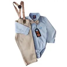 Conjunto body calça suspensório gravata roupa bebê batizado pagem casamento festa culto azul bebê menino
