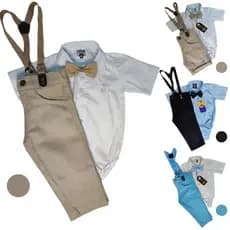 Conjunto body batizado menino roupa social bebê blusa manga curta criança calça sarja suspensório e gravata borboleta