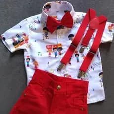 Conjunto temático infantil menino 3 palavrinhas contendo camisa short suspensório e gravata roupa personagem aniversário