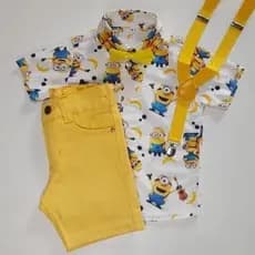 Conjunto infantil minions menino aniversário camisa criança bermuda sarja jardineira jeans suspensório gravata bebê