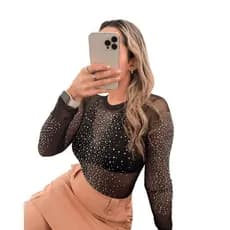 Body Tule Pedraria com Brilho Manga Longa Transparente Feminino Body Liso
