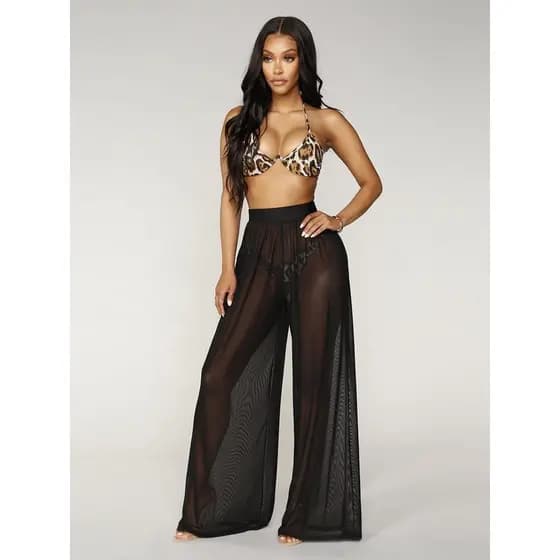calça saída de praia feminina slim e transparente moda praia réveillon verão Biquíni roupa Chique