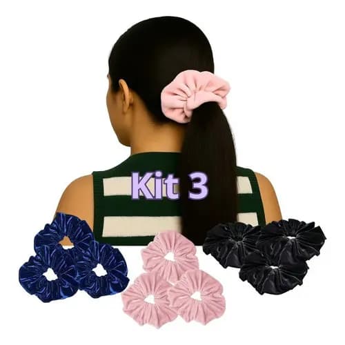 Kit 3 Elásticos Gigantes Scrunchies Xuxinha Frufru Veludo Brilhante Acessórios Cabelo Confortáveis