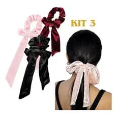 Kit 3 Xuxinhas Laço Elásticos Scrunchies Frufru de Veludo Brilho - Conforto e Estilo Cabelo Rabicó