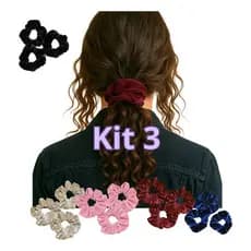 Kit 3 Elásticos Scrunchies Xuxinha Frufru Veludo Brilhante Acessórios Cabelo Confortáveis Estilosos