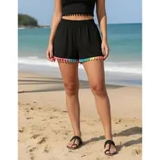 Short Slim e Plus Size pompom soltinho elástico na cintura praiana Saida de praia moda verão Viscose